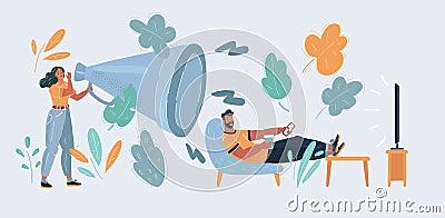 Illustration of wife screaming via megaphone at husband watching TV. Vector Illustration