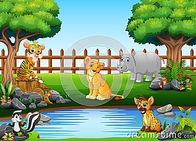 Wild animals playing on the edge of a beautiful small pond Vector Illustration