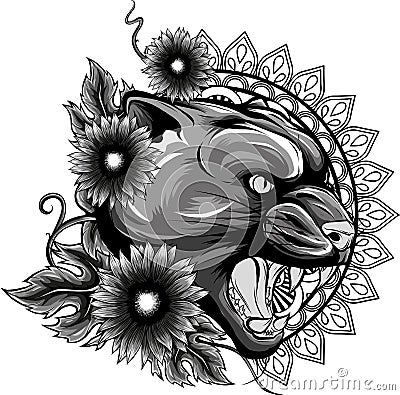 monochromatic illustration of wild cat head in a floral Vector Illustration