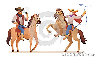 Wildlife western cowboy and cowgirl riding horse characters Vector Illustration