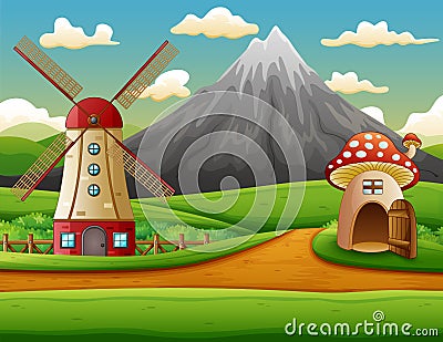 Windmill building and the mushroom house with a mountain background Vector Illustration