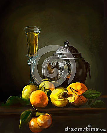 Illustration of wine and peaches on the table Stock Photo