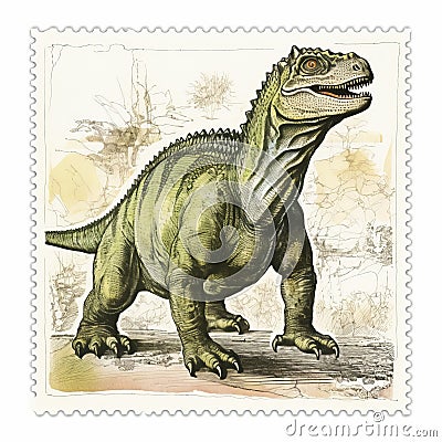Vintage Dinosaur Postage Stamp: Digitally Enhanced Iguanodon Design Cartoon Illustration