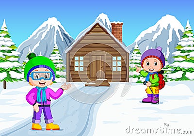 In the winter, kids play in the snow very joyfully Vector Illustration