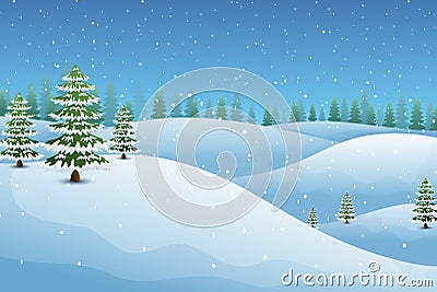 Winter landscape with fir trees and snowy hills Vector Illustration