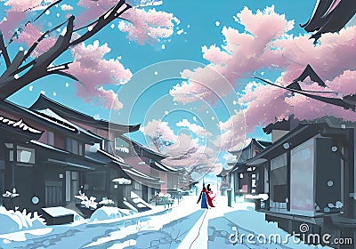 Illustration of Winter Magic in a Japanese Town: Cherry Blossoms and Snow Cartoon Illustration