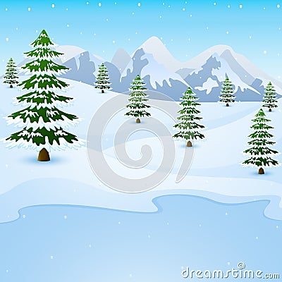 Winter mountain landscape with fir trees and frozen lake Vector Illustration