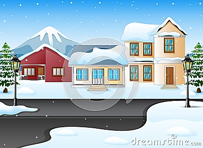 Winter mountains landscape with house and snowy street Vector Illustration