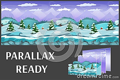 Illustration of a winter nature landscape ,with ice, snow hills and mountains, vector unending background with separated layers. Vector Illustration