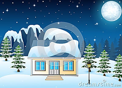 Winter night landscape with snow covered house and snowy rocks Vector Illustration