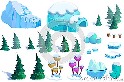 Illustration: Winter Snow Ice World Theme Elements Design Set 2. Game Assets. Pine Tree, Ice, Snow, Eskimo Igloo. Stock Photo