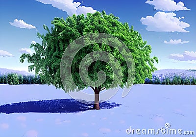 Illustration of a Winter Wonderland with a Solitary green Tree Cartoon Illustration