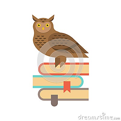 Illustration of wise owl sitting on the stack of books. Vector Illustration