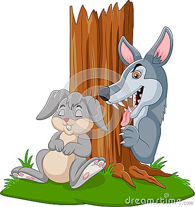 Wolf hunt a rabbit sleeping under a tree Vector Illustration