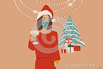 Illustration of a woman celebrating New Year holidays alone Vector Illustration