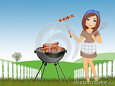 Woman cooks skewers and sausages on the barbecue Stock Photo