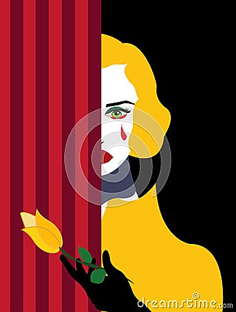Illustration of a woman crying with a yellow rose in her hand Vector Illustration
