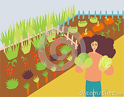 Illustration of woman cultivating organic and fresh vegetables in a farm Stock Photo
