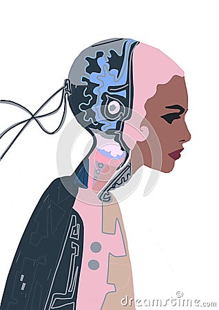 Illustration of woman cyborg. Half human and robot Cartoon Illustration