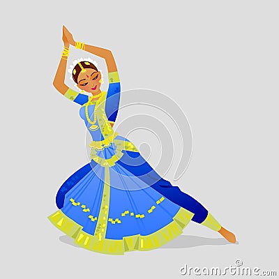 Illustration of a woman dancing Indian dance in the style of Bharatanatyam Vector Illustration