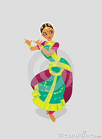 Illustration of a woman dancing Indian dance in the style of Bharatanatyam Vector Illustration