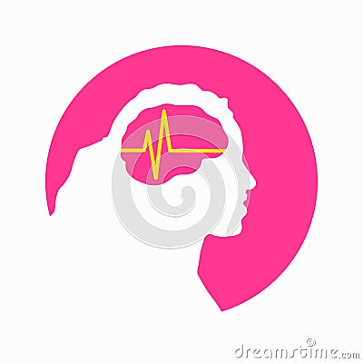 Illustration of woman or girl brain encephalography medical vector icon on human head isolated on white background. Stroke, Vector Illustration