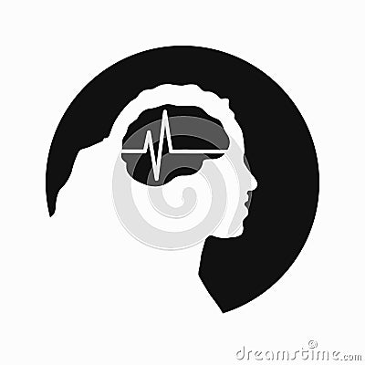Illustration of woman or girl brain encephalography medical vector icon on human head isolated on white background. Stroke, Vector Illustration