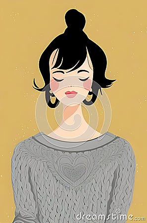Illustration of a Woman in a Grey Sweater Against a Organic Yellow Background Cartoon Illustration
