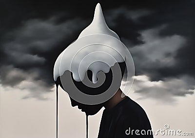 woman man concept creative cloud dramatic creativity young dream idea black poster. Generative AI. Cartoon Illustration