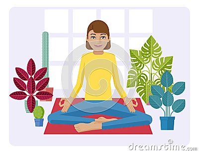 Woman Meditating Doing Yoga Pilates Illustration Vector Illustration