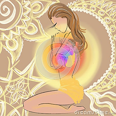 Illustration of woman meditating in yoga pose with inner advice and child Stock Photo