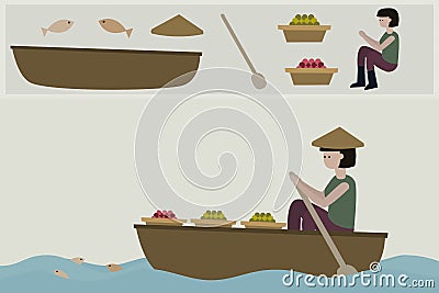 Illustration a woman paddling boat on the river countryside. Vector Illustration