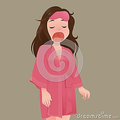 Illustration woman in pink robe yawning. Vector Illustration