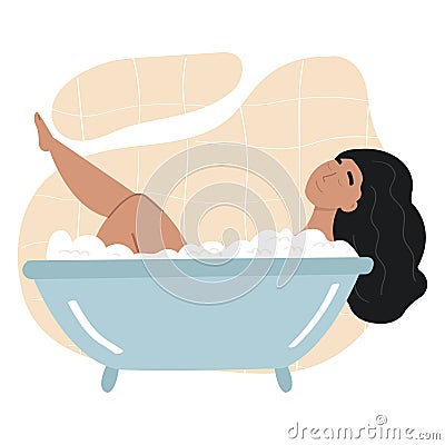 An illustration of a woman relaxing in a bathtub. Vector Illustration