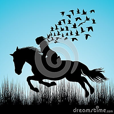 Illustration of woman riding a horse and birds flying Vector Illustration
