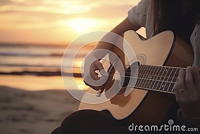 illustration, woman's hands playing acoustic guitar, ai generative Cartoon Illustration