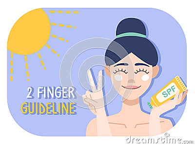 Illustration of woman shows how to apply sunscreen on the face in flat style. Girl holds SPF cream in her hand and shows Vector Illustration