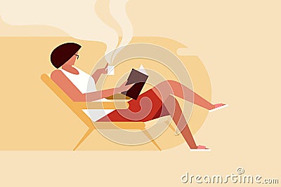 Woman sitting on a chair sipping coffee and reading a book Vector Illustration