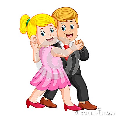 The woman using the pink dress and the man using the coat dancing together Vector Illustration