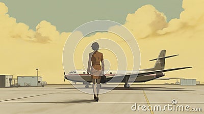 illustration of a woman walking towards an airplane on the tarmac, 70's style, copy space, aviation theme Cartoon Illustration