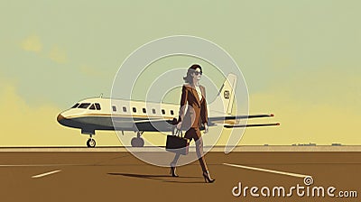 illustration of a woman walking towards an airplane on the tarmac, 70's style, copy space, aviation theme Cartoon Illustration