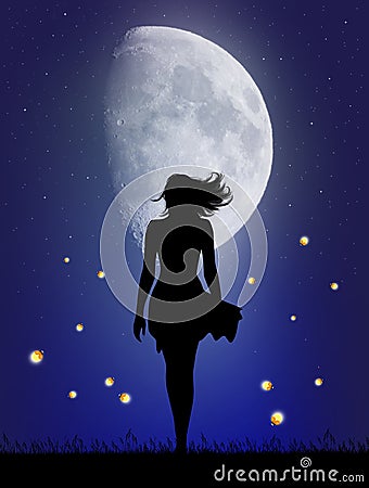 Woman walks in the moonlight with fireflies Stock Photo