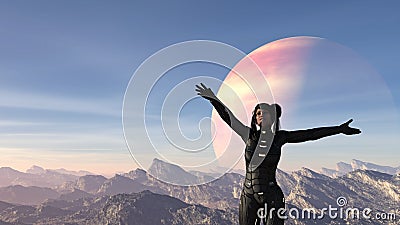 Illustration of a woman wearing a spacesuit waving her arms wide with an alien planet in the sky behind her Cartoon Illustration
