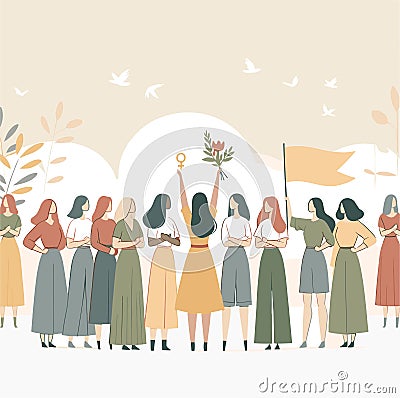 Illustration of women of all ethnicities parading. Cartoon Illustration