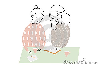 Women or girls reading and studing book, making notes at the table. Pattern feminine design. Stock Photo