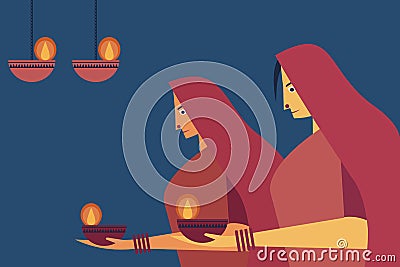 Women holding Diwali lamps in hand Vector Illustration