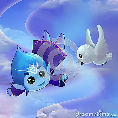 Illustration: The Wonderful Beautiful Melodies of Free Flying So High in the Sky. Stock Photo