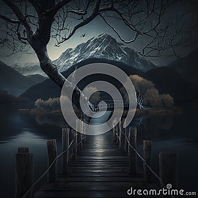Illustration of a wooden jetty with dark river and dark tree with mountain background. Stock Photo