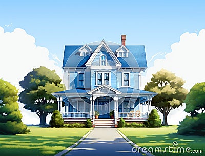 Illustration of wooden rustic two-storey house Stock Photo
