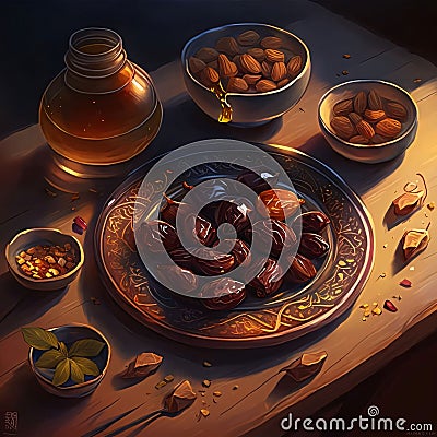 Illustration of a wooden table top and dried grape seeds and nuts. And honey. Ramadan as a time of fasting and prayer for Muslims Stock Photo